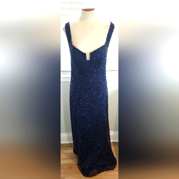 Aidan Mattox Navy Beaded & Sequin Full Length Sleeveless Gown NWT - Picture 1 of 13
